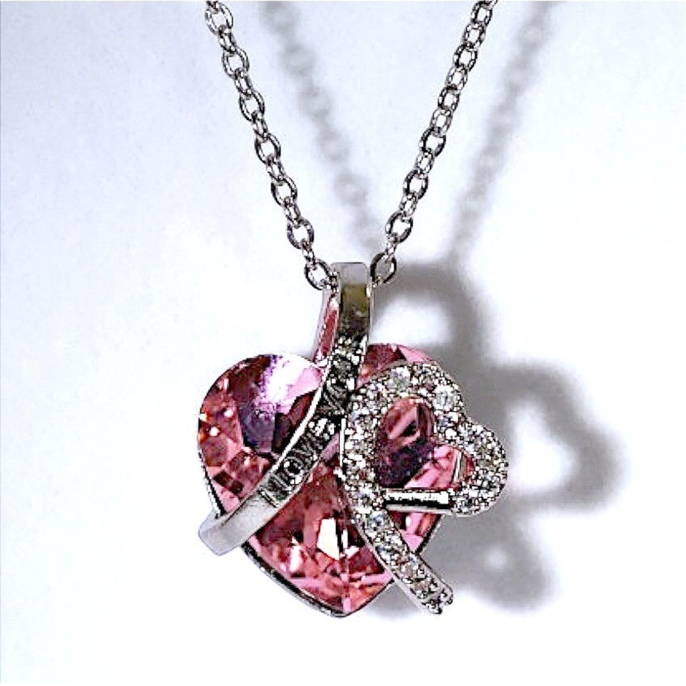 I Love You Pink Crystal Heart Pendant Necklace Silver Plated Pavé One of a Kind